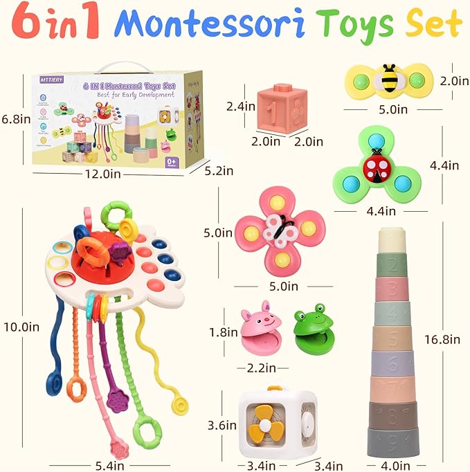6 in 1 Baby Toys 0-6 Months, Montessori Toys for 6-12 Months, Infant Sensory Pull String Toy, Fidget Spinners Soft Buliding Blocks & Stacking Cups for Toddlers 1-3, Baby Gifts for Boys Girls