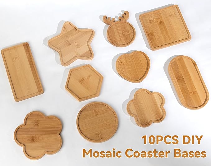 Lanyani 10pcs Wooden Assorted Shapes Mosaic Bases for DIY Mosaic Coaster Kit, with Wooden Surface for Handcrafted Glass Mosaic Tiles Crafts for Adults and Kids