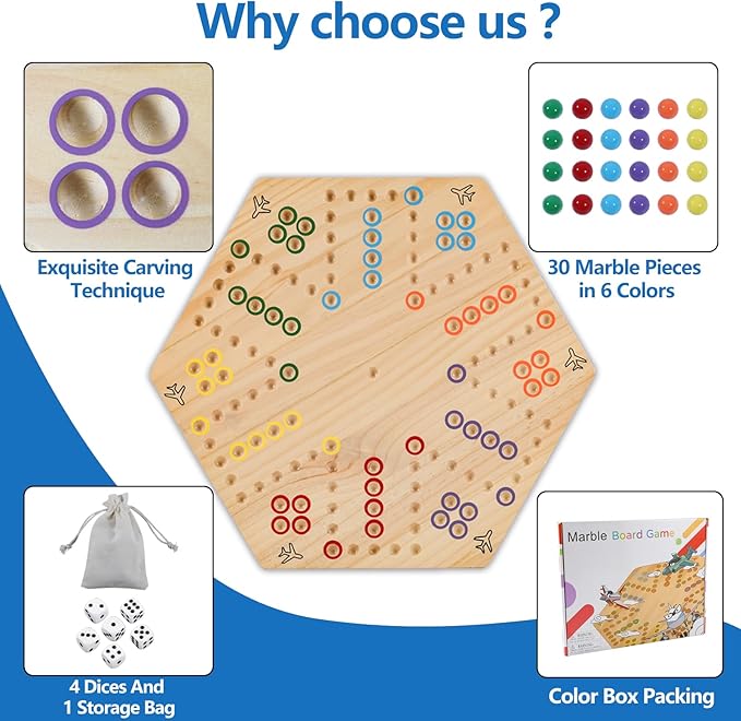 Large Size 20 inches Wood Wahoo Marble Board Game 2 Sided 4-6 Player for Friends and Family Party,Classic Stragecy Trouble Game with 6 Dices,24 Marbles