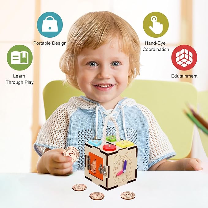 WODI Montessori Activity Cube for Toddlers 3-6 Wooden Baby Toys with Bead Maze, Shape Sorter, Gear Spinner & Coin Game - Educational Sensory Toy for Fine Motor Skills, Learning Busy Box for Boys Girls