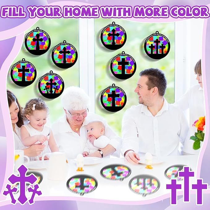 32 Sets Cross Suncatchers Craft Kit DIY Religious Window Stained Glass Effect Christian Paper Craft Home School Classroom Decoration Kid Sunday School Birthday Gift Creative Art Project Activity Game
