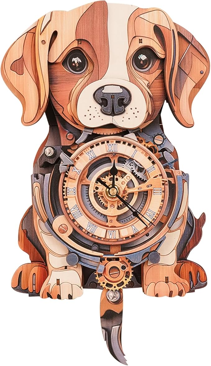 Cutywood 3D Puzzles for Adults Clock-Beagle Design Model Kit-Mechanical DIY Pendulum Clock with Roman Numerals-Desk Home Office Decor Personalized Gift for DIY Lovers
