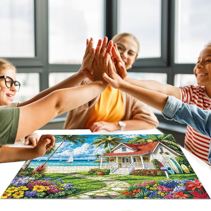 Jigsaw Puzzles for Adults 1000 Piece Puzzle for Adults 1000 Pieces Puzzle 1000 Pieces-Summer Beach Vacation -Surfing, Coconut Trees, Wooden Houses