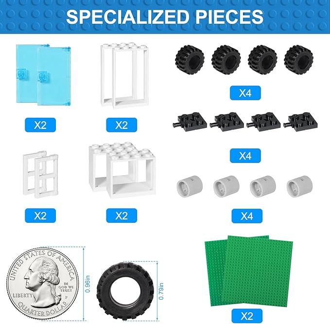 1000 Pieces Building Bricks, Classic Building Bulk Block for Kids with 12pcs Wheels Accessories, Windows, Doors, 2 Packs Studs Sticky Plate, Compatible with All Major Brands, Gfits for Kids