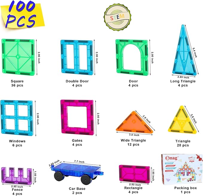 Bmag 100PCS Magnet Building Blocks with 2 Cars for Kids, Magnetic Tiles Stacking Building Set for Boys Girls, STEM Preschool Educational Learning Construction Toy
