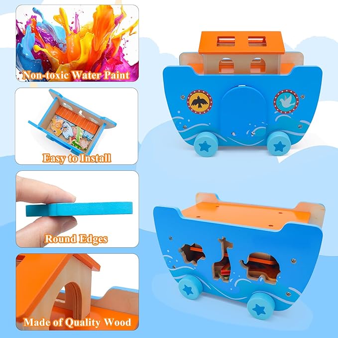 Wooden Noah's Ark Toy Baptism Gifts for 1 2 3 4 Years Old Baby Boy and Girl Montessori Educational Toy for Toddlers with Bible Story Animal Shape Sorter