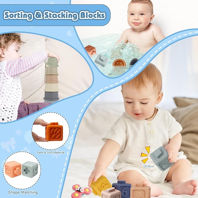 6 in 1 Montessori Toys for Babies 6-12 Months Up - Incl Pull String Toy, Stacking Cups, Tissue Box, Suction Cup Spinner, Stacking Blocks,Activity Cube, Baby Toys for 1 2 3 Year Old