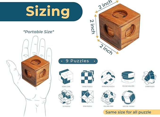 BSIRI 9 in 1 Wooden Brain Teaser Puzzles for Adults Teens and Kids Box Set for All Ages Wood Hard Level 10 Impossible Mind Wood Brain Teaser Games 3D Hand Puzzle Sets for Decoration and Mini Toys