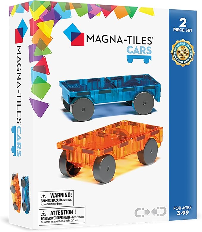 MAGNA-TILES Cars – Blue & Orange 2-Piece Magnetic Construction Set, The Original Magnetic Building Brand