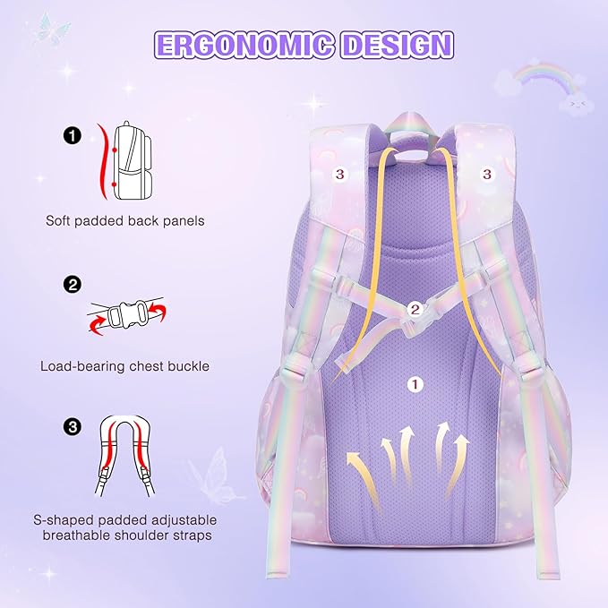 Backpack for Girls, Rainbow Butterfly Girls Backpacks with Lunch Bag Pencil Case Set, Kids Backpack Kindergarten Elementary Middle School Book Bag for Teen Girl Children Students