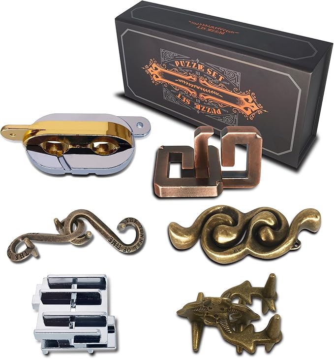 6PCS Metal Puzzle Box & 3D Brain Teasers for Adults/Teens, Challenging IQ Logic Games with Disentanglement Locks, Classroom Mind Challenge Supplies (Metal Puzzles)