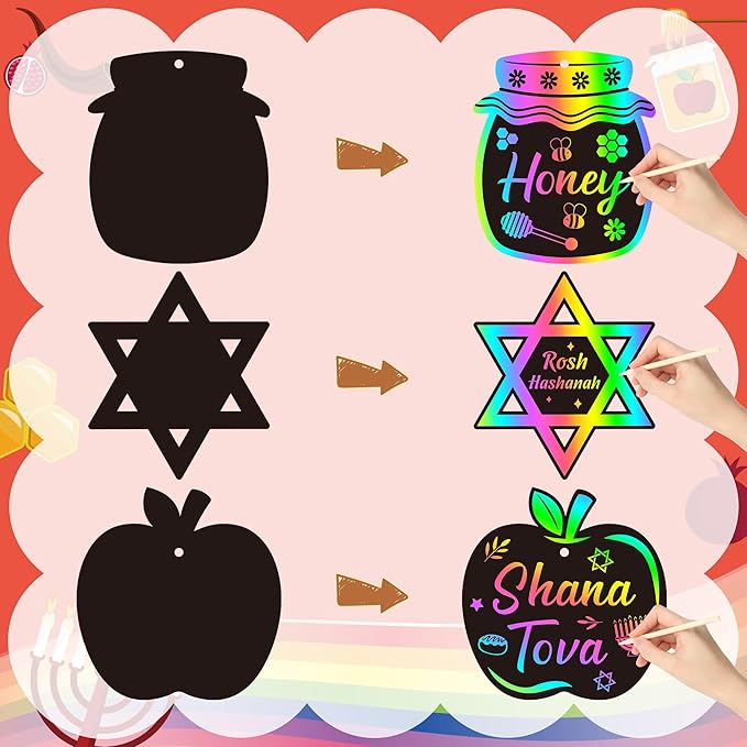 CY2SIDE 60PCS Rosh Hashanah Jewish New Year Scratch Card Gift Set for Kid, DIY Shana Tova Scratch Paper Art for Kids School Activity, Magic Art Rainbow Color Craft for Kids Jewish New Year Party Favor