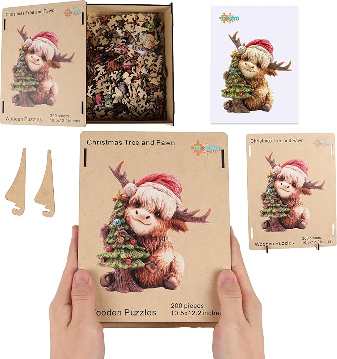 Christmas Wooden Puzzles for Kids & Adults - Tree & Fawn Holiday Jigsaw Puzzle, 498 Pcs, 16.6"×19.2", Fun Family Game for Children’s Party, Winter Gathering, and Festive Entertainment