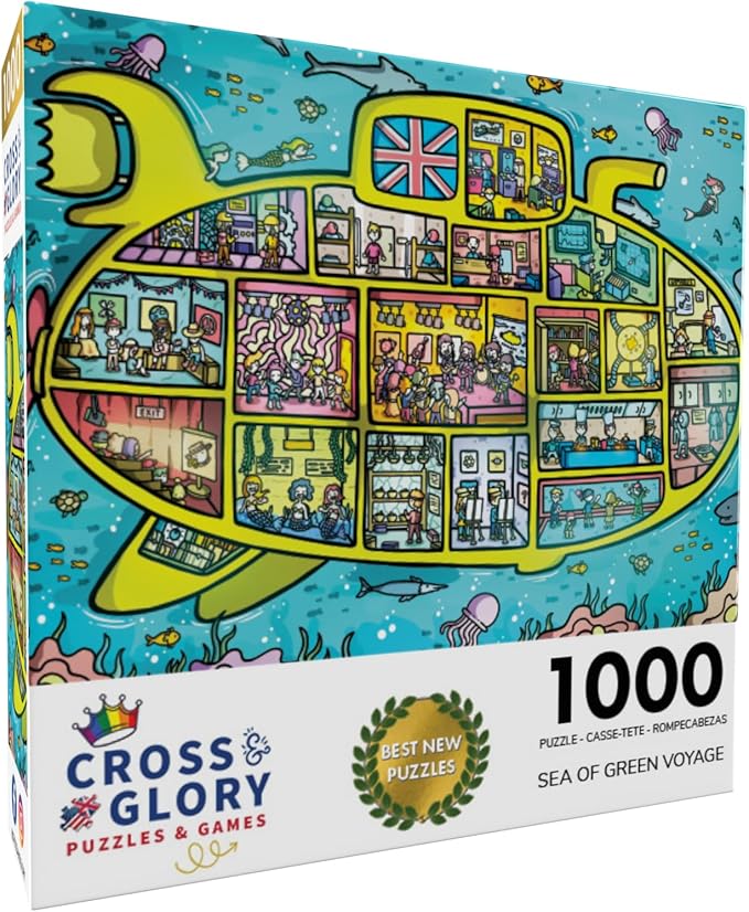 Cross & Glory - Sea of Green Voyage: British Invasion Beneath The Waves - 1000 Piece Jigsaw Puzzle for Adults & Kids 12+ | Fun 60s Themed | Underwater Adventure