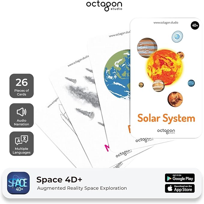4D+ Augmented Reality Flashcards for Kids – Educational STEM Cards with Free App – Interactive Learning for Ages 4+ (Space 4D+)