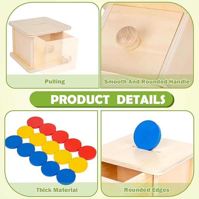 Adena Montessori Coin Box,Object Permanence Box Toys for 1 Year Old Baby Coins,Wooden Montessori Ball Drop Developmental Toys for 6-12 Month Infant,Learning Kids Gifts(Typical Drawer Comes Out)