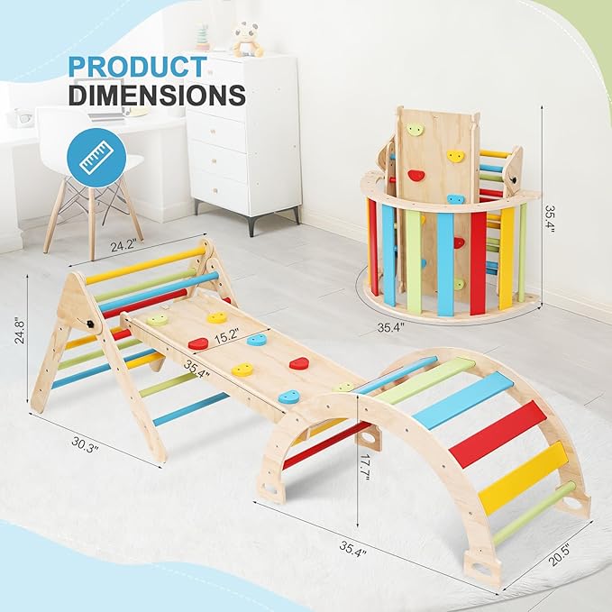 Pikler Triangle Set for Toddlers, 7-in-1 Foldable Montessori Climbing Gym with Safety Strap, Indoor Wooden Arch, Ramp, Ladder for Active Play - Classic