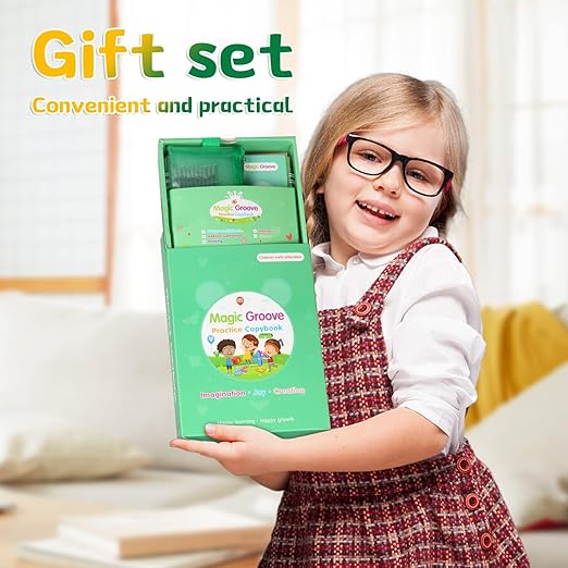 Magic Groove Practice Copybook for Kids, Reusable Writing Practice Book, Grooved Handwriting Book Set for Kids Ages 3-8 Calligraphy 5.59 * 7.91 (5 Medium Books with Cactus Pens & Gift Box)