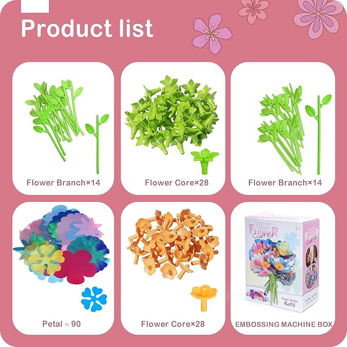 Pistachio DIY Flower Bouquet Kit Accessories - Arts and Crafts for Kids 4-6, Fabric Flowers Bouquets Toys Accessory Set, Flower Making Kit for Kids Accessories, 4 5 6 7 8 Year Old Girl Birthday Gifts
