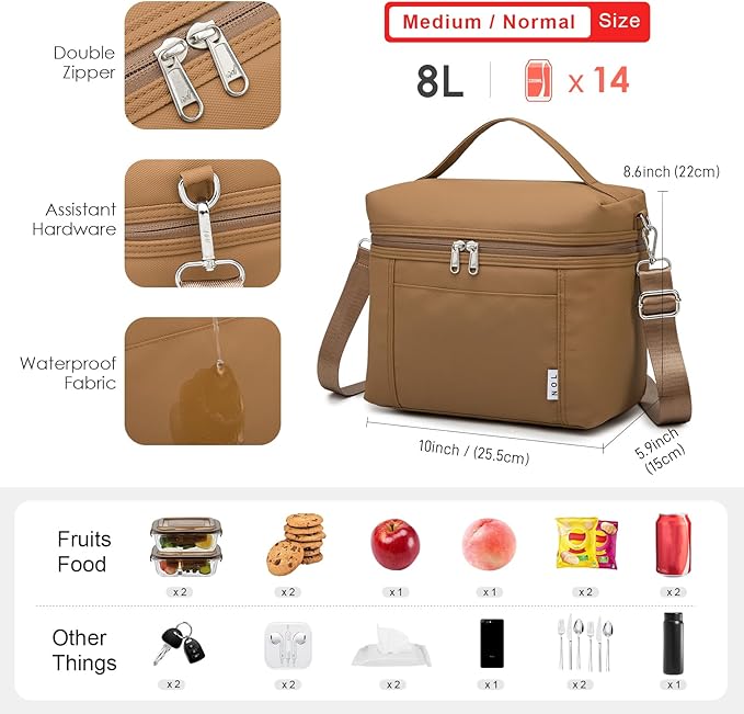NOL Natural Organic Lifestyle Insulated Lunch Bags for Women Cooler Bag Lightweight Nylon Waterproof Lunch Box For Work (Medium(normal),Brown