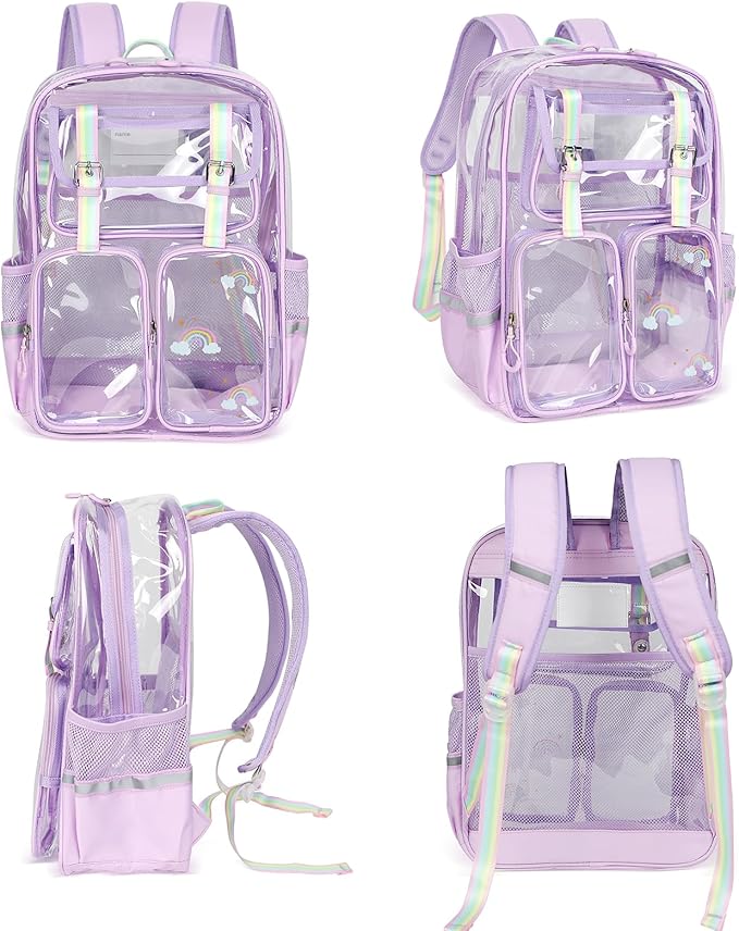 Clear Backpack for School - 17" Transparent Backpacks With Water-Resistant PVC Plastic Material and Ruggedly Reinforced Shoulder Straps, School Bag for Teen Boys Girls Purple