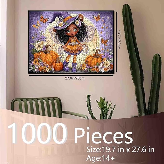Cute Halloween Fairy Witch Jigsaw Puzzle for Adults 1000 Piece Pumpkins Butterflies and Flowers Puzzles Colorful Fantasy Art Puzzle for Women Men Teens Challenging Game Fun Autumn Decor