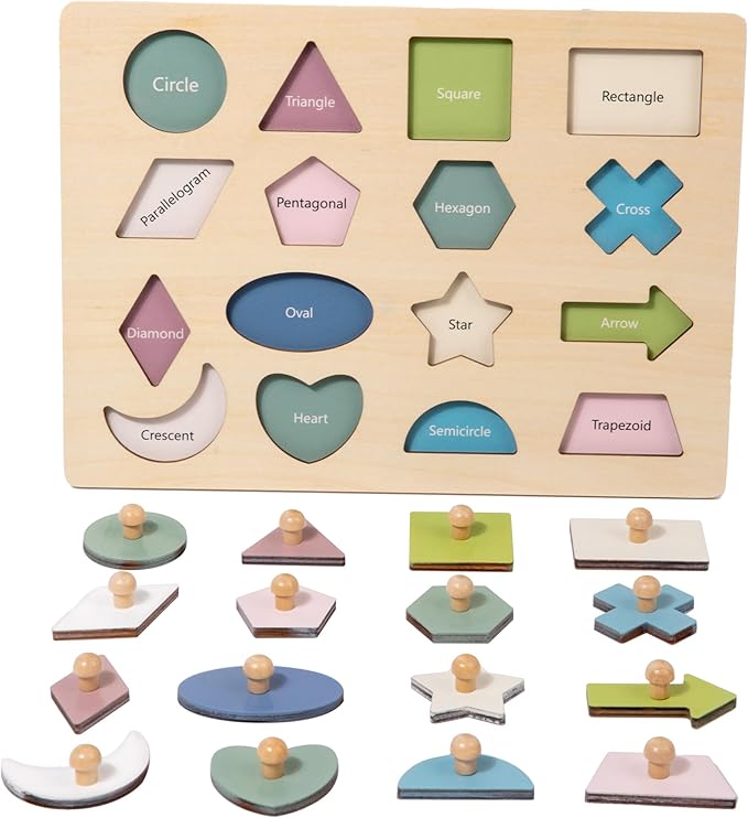 Montessori Toy for Babies 18-24 Months Wooden Shape Puzzles for Toddlers 1-3,Shape Peg Puzzles,Baby Puzzle 18-24 Months with Knob,Color & Shape Sorter for Toddlers(16 Geometric Shapes)