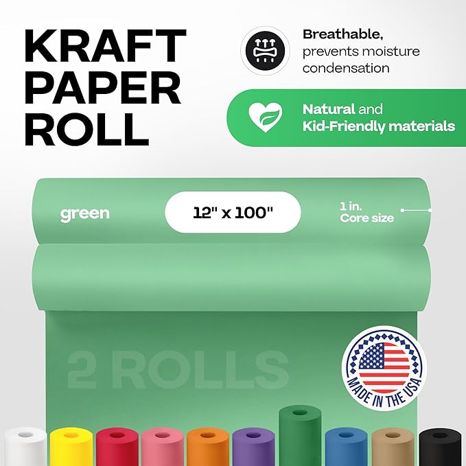 12" x 1200" (100 ft) Green Kraft Paper Roll, Pack of 2 - USA-Made Quality Craft Paper for Gift Wrapping, Kids' Arts & Crafts, School Projects - 100% Recycled, 50 lb Natural Material by IDL Packaging