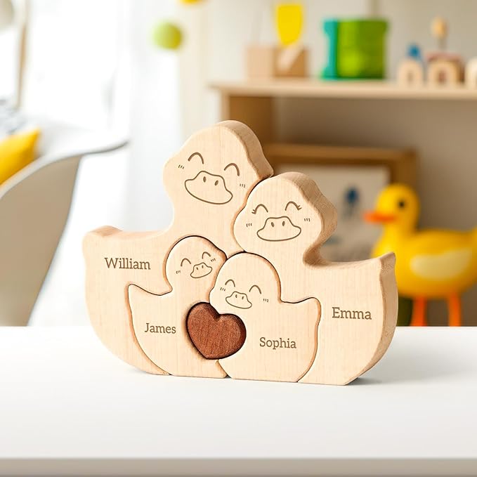 Personalized Wooden Family Puzzle Ducks Toy, Customizable Puzzles with 2-5 Names, Birthday Fathers Day Mothers Day Personalized Gifts for Kids Parents, Unique Home Decor