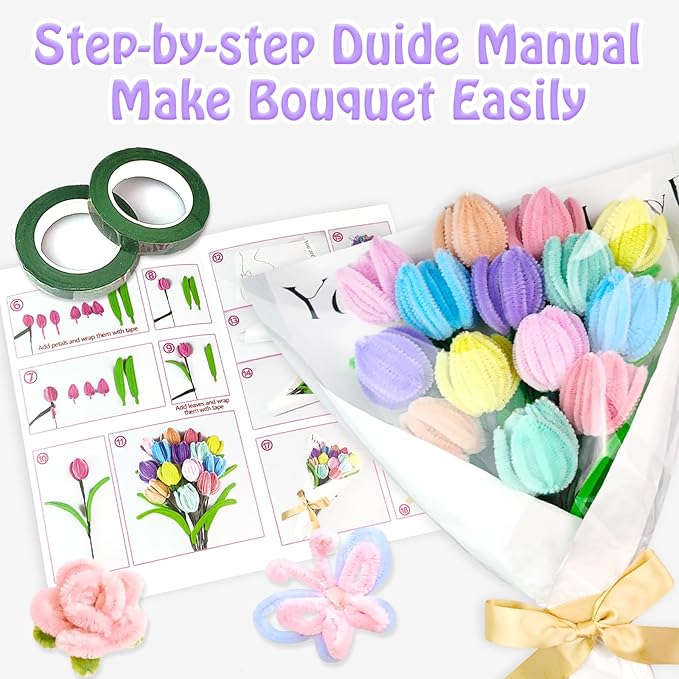 Pipe Cleaners Craft Kit 8 Assorted Colors Pipe Cleaners Bulk Flower Making Kit Chenille Stems DIY Arts and Crafts Supplies for Kids Adults Creative Bouquet Festival Home Decor Toys Gifts, Tulip