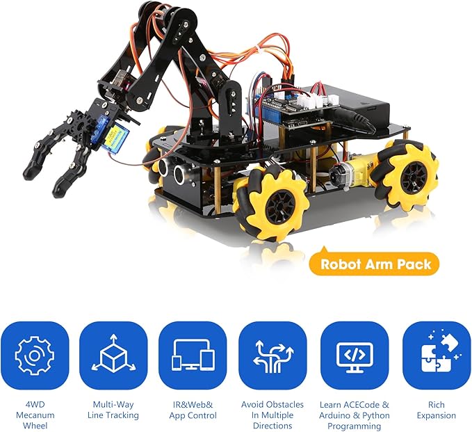ACEBOTT 5DOF Smart Robot Arm Car Kit, 4WD Remote Control Car Compatible with Arduino/Python/Blockly Programming Project/STEM Education/Science Coding Kit for 12+ Teens and Adults Unique Gifts