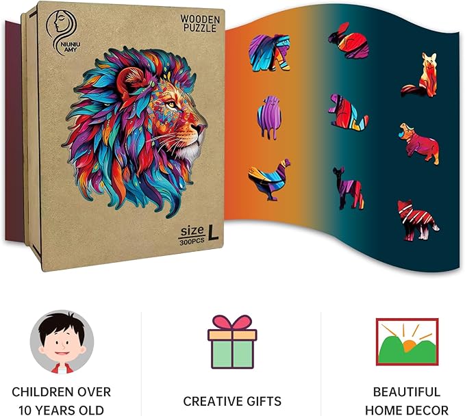 Wooden Puzzle for Adults,Lion Jigsaw Puzzles 300 Piece,Thanksgiving Birthday Gifts Family Game,Unique Shape Puzzle Challenge 14.9 x 14.9 Inch