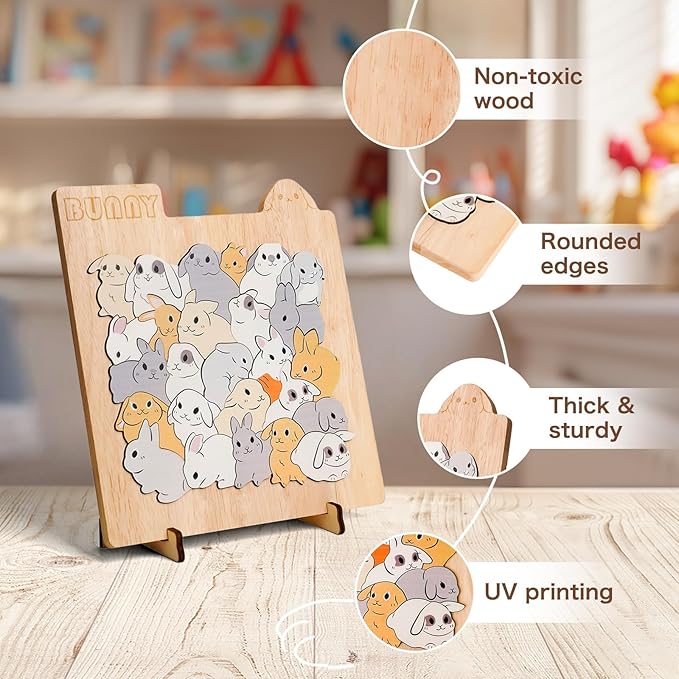 Wooden Bunny Puzzle Game, Wooden Jigsaw Puzzles for Adults Kids, Unique Rabbits Shape Puzzles, Christmas Birthday Gifts for Friends and Family, Bunny Lover Gifts for Home Decor