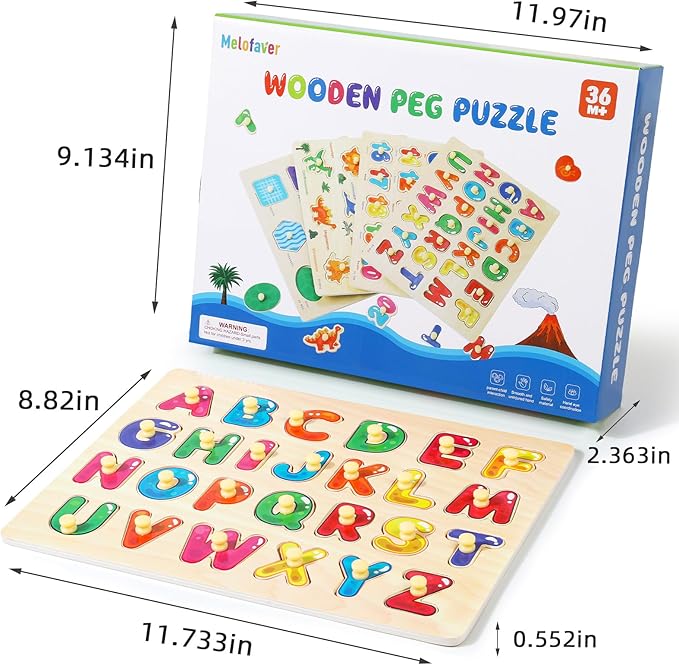 Montessori Wooden Peg Puzzles for Toddlers 3 4 5 Year Old, 4 Pcs Kids Educational Toys Preschool Learning Activities-Alphabet, Shape, Number and Dinosaur, Baby Puzzle Gifts for Boys Girls