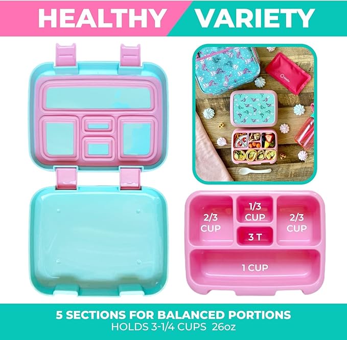Bento Box with Stainless Steel Food Thermo for Hot Food or Soup, Insulated Lunch Bag, and Ice Pack Set for Kids Girl Toddlers. Ages 3 to 7 Pink Aqua Cat Mermaid
