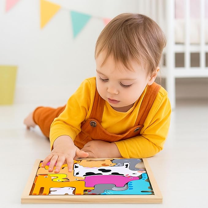 LovesTown Wooden Stacking Puzzles for Kids, Farm Animal Chunky Jigsaw, Educational Learning Toy, 12 PCS