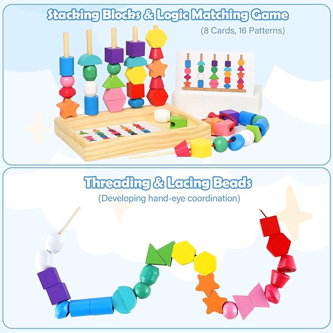 Montessori Bead Sequencing Set for Kids, Wooden Lacing Beads Toys for Toddlers, Matching Color Shape Stacker for 2 3 4 5 Years Old, Preschool Learning Educational Toys Gifts