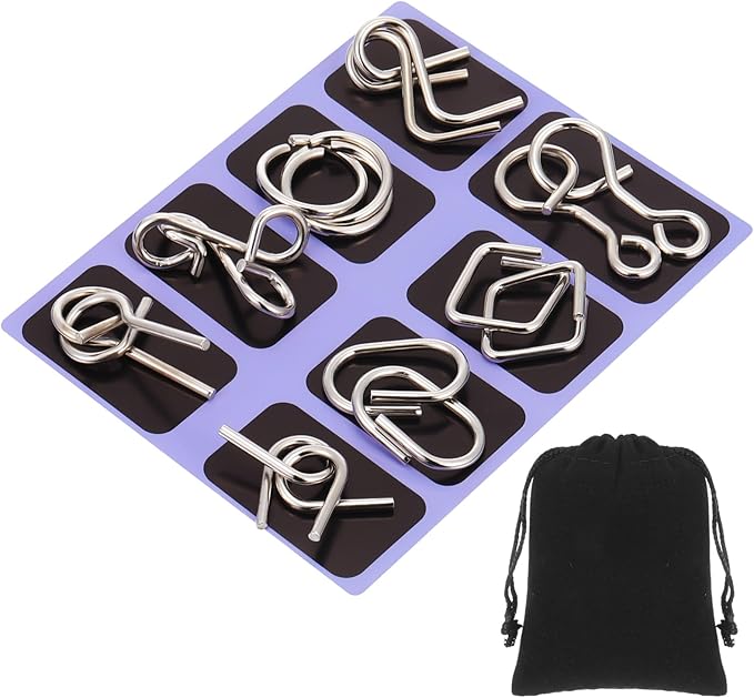 Yilloog Metal Wire Puzzle Set of 8 with Pouch, Brain Teaser Puzzles IQ Test Ring Disentanglement Unlock Interlock Game Trick Metal for Party Favor Challenge(D Style)