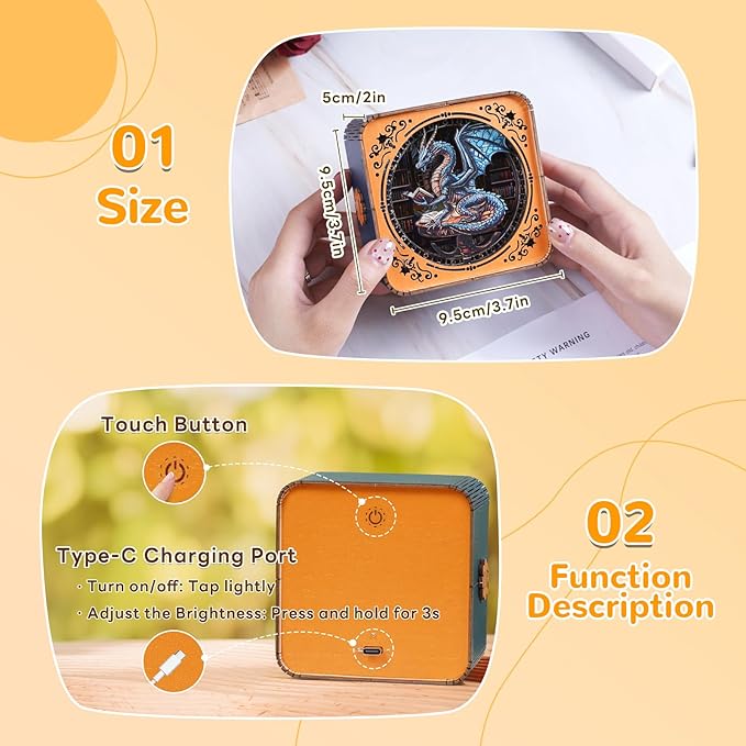 3D Wooden Puzzle Night Light, Library Dragon DIY Puzzles for Adults, Eye Care Night Light with Touchable Switch, Personalized Gifts for Family Friend DIY Puzzle Lover