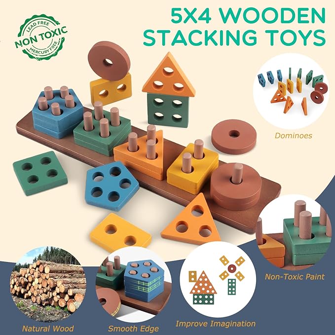 Montessori Baby Toy for 1+ Year Old Sorting Stacking Learning Toys 6 to 12 Months Wooden Building Blocks, Xylophone Musical, Infant Teethers Toys for Baby, 6 in 1 Toy Birthday Gifts for Toddlers 1 2 3