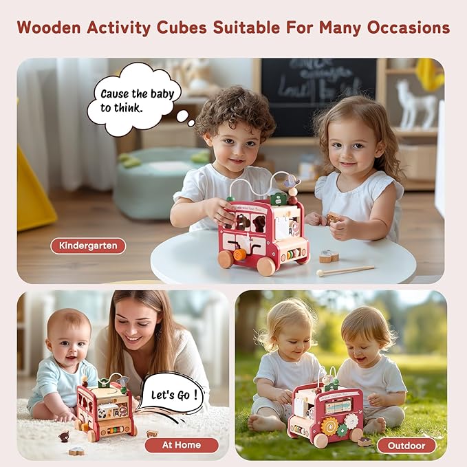 Wooden Activity Cube 8-in-1 Montessori Toys | Multifunctional Early Educational Learning Toys | Wooden Toy for Baby Shape Sorter Xylophone Animal Travel Bus Boy Girl Birthday Gift（Red Bus）