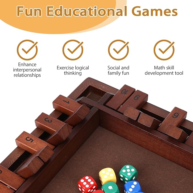 Shut The Box Game Wooden, 12 inch Close Shut The Box Game for 2-4 Player Adults, Math Sequence Dice Plunder Board Games with 8 Dice, 4-Sided 10 Number Table Games for Family Classroom Home Party Pub