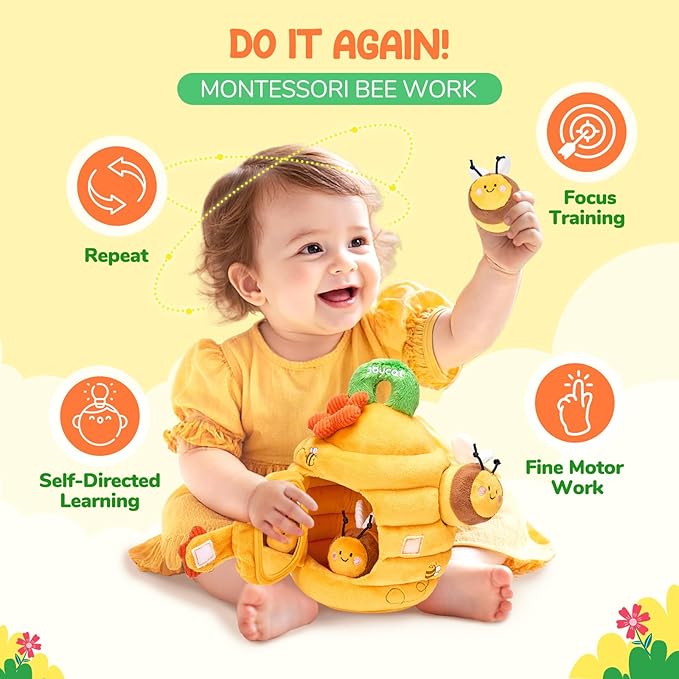 JoyCat 6 Month Old Baby Toys, Flower Beehive with 5 Stuffed Sensory Bees, Crinkle, Rattle, Mirror, Montessori Toys for 6-10 Months Old Babies, Infant Toys Baby Shower Birthday Christmas Gift