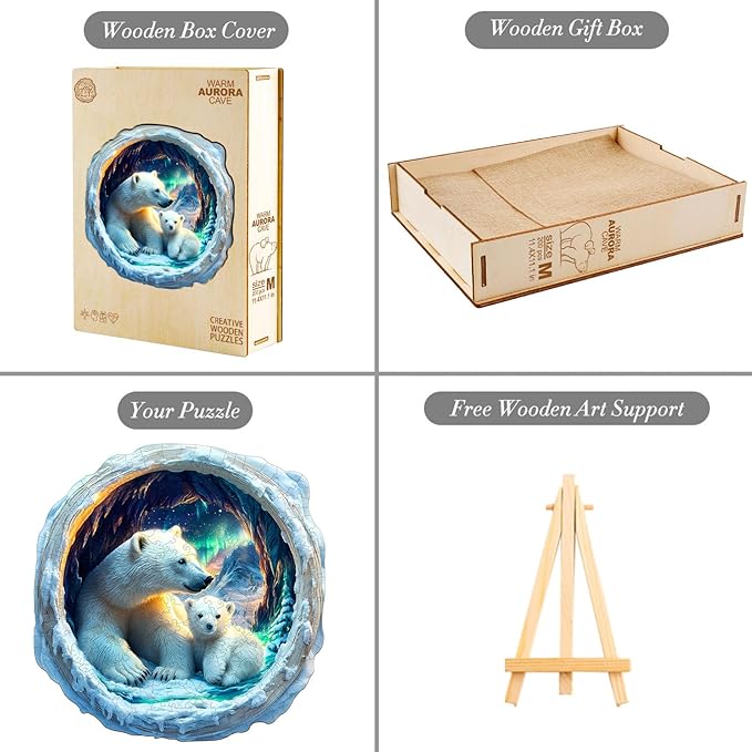 KAAYEE Wooden Puzzles for Adults, 3D Vision Effect Warm Aurora Cave Bear Wooden Jigsaw Puzzle Unique Shape Wood Puzzle Adult, 3D Effect Flat Puzzle Birthday Family Game (M-11.4 * 11.1 in-200pcs)