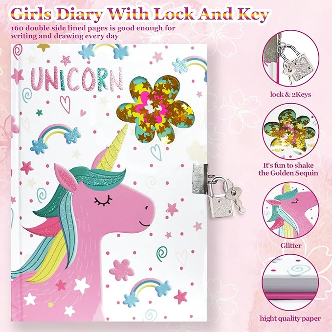 GINMLYDA Girls Diary with Lock for Kids, Unicorn Diaries 7.1x5.3 160 Pages Cute Girl Journal Secret Notebook with Lock and Key for Little Kid Writing Drawing Gift for Pre school Age 6,8,12