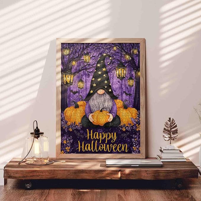 Cute Gnome Puzzle for Adults 1000 Pieces Halloween Pumpkin in Purple Forest Lantern Jigsaw Puzzle Fall Aesthetic Fun Gift for Women Men Teens Relaxing Halloween Challenging Puzzles Games Night