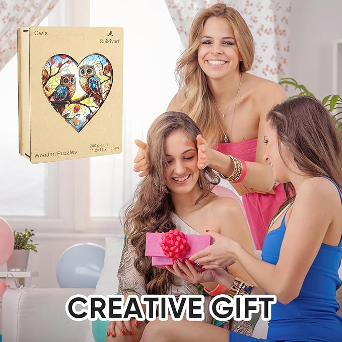 Ruikiyart Wooden Puzzles for Adults, 5MM 200 Pie ces Glass Owls Wooden Jigsaw Puzzles, Birds Unique Shaped Puzzle Gifts for Adults and Kids on Thanksgiving, Family Puzzle Games(11.2"*11.2")