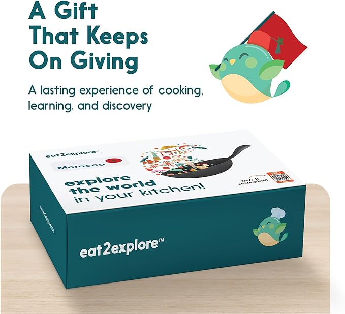 eat2explore Cooking Kits for Kids - Interactive & Educational Set with 3 Recipe Cards, Key Ingredients & Cooking Tools - Ideal Idea for Kids who Love to Create Meals (Morocco Edition)