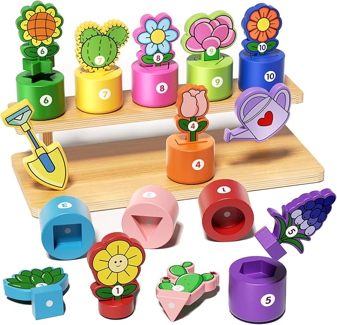 GJZZ Montessori Shape and Color Sorting Toys - Wooden Pretend Play Gardening Set with Stand for 2 3 Year Old Girls Boys, Number Cognition for Toddler Kids, Fine Motor Skills