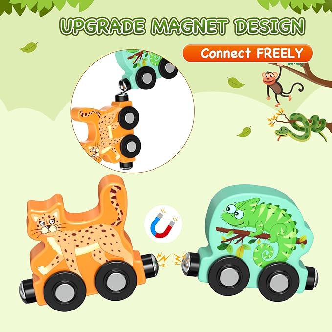 Toys for Toddlers, 11 Magnetic Wooden Animals Train Set, Montessori Toys for Toddlers, Learning Activities, Sensory Activities for Kids, Birthday Gifts for Boys, Girls